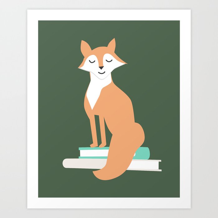 Fox with Books Digital Illustration Art Print