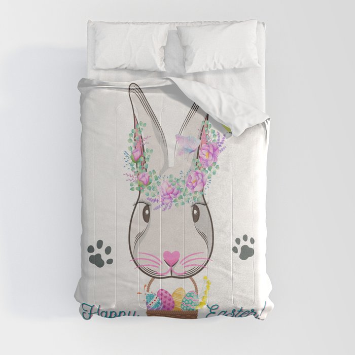 Cute BUNNY Easter Design with Bright eggs and butterflies Great Gift Comforter