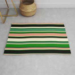 [ Thumbnail: Eye-catching Sea Green, Dark Salmon, Beige, Green, and Black Colored Lined Pattern Rug ]