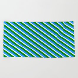 [ Thumbnail: Light Cyan, Green, and Blue Colored Lined/Striped Pattern Beach Towel ]