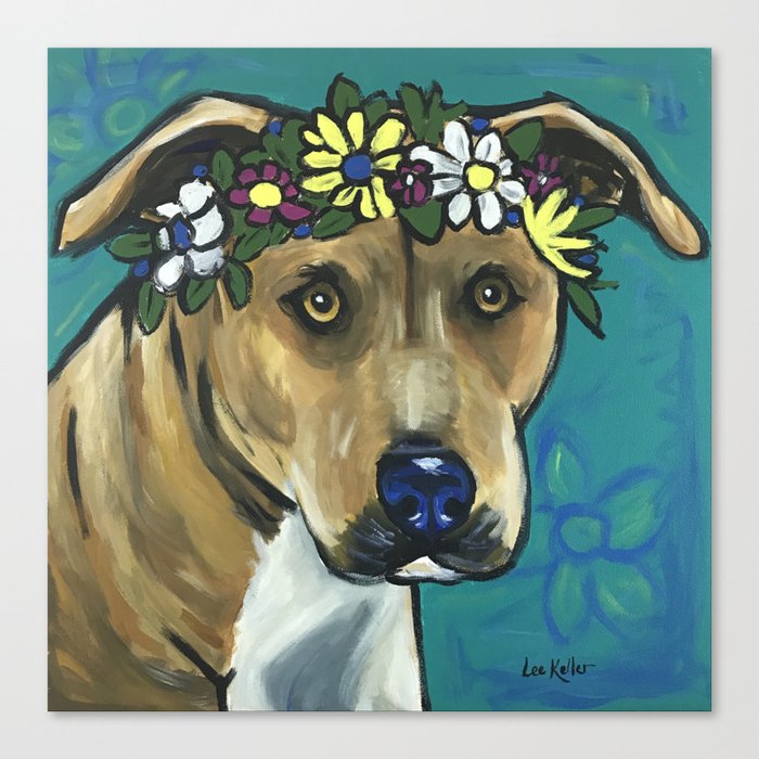 Colorful Pitbull Painting Flower Crown Pit Canvas Print By