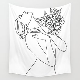 Woman Body & Flowers Black & White Line Artwork Wall Tapestry