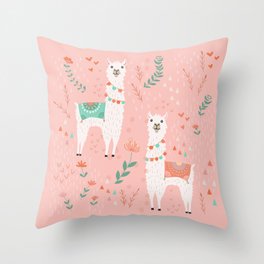 Lovely Llama on Pink Throw Pillow