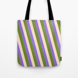 [ Thumbnail: Purple, Green, and Bisque Colored Lines/Stripes Pattern Tote Bag ]