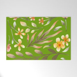 Vibrant Green Wild Flower Folk Garden Painting Welcome Mat