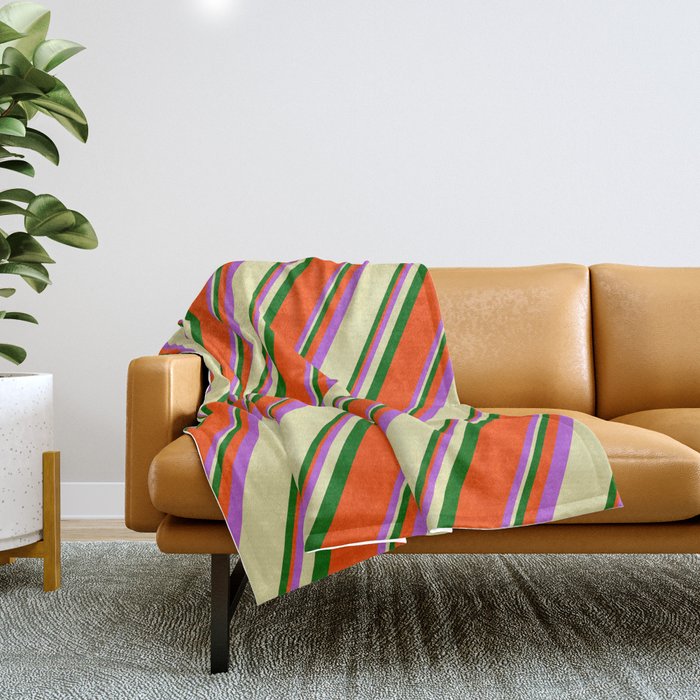 Orchid, Pale Goldenrod, Dark Green, and Red Colored Striped/Lined Pattern Throw Blanket