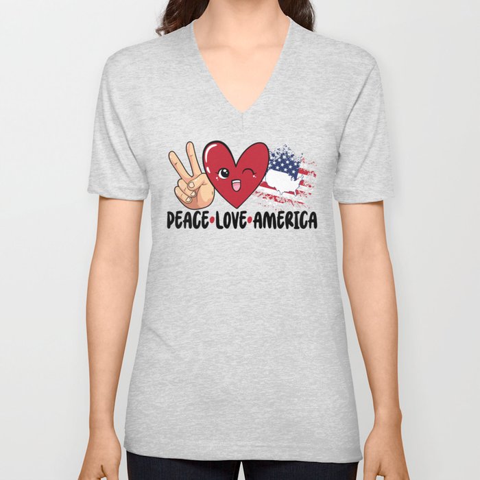 Peace Love America, 4th of July American Family Gift, Independence Day V Neck T Shirt