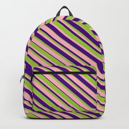 [ Thumbnail: Green, Light Pink & Indigo Colored Striped Pattern Backpack ]