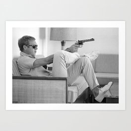 Steve McQueen, Gun, Sunglasses, Retro, Black and White, Photograph Art Print