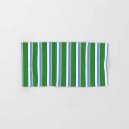 [ Thumbnail: Eyecatching Green, Violet, Cornflower Blue, Mint Cream & Forest Green Colored Pattern of Stripes Hand & Bath Towel ]