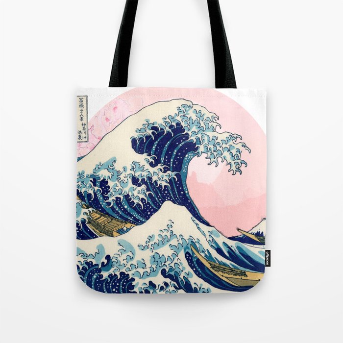 The Great Wave off Kanagawa by Hokusai in pink Tote Bag