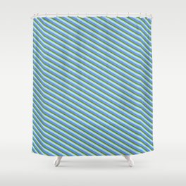[ Thumbnail: Green, Powder Blue, and Cornflower Blue Colored Lined Pattern Shower Curtain ]