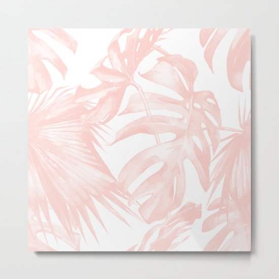 Tropical Leaves Pink and White Metal Print