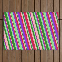 [ Thumbnail: Eye-catching Light Pink, Crimson, Purple, Light Green, and Forest Green Colored Stripes Pattern Outdoor Rug ]