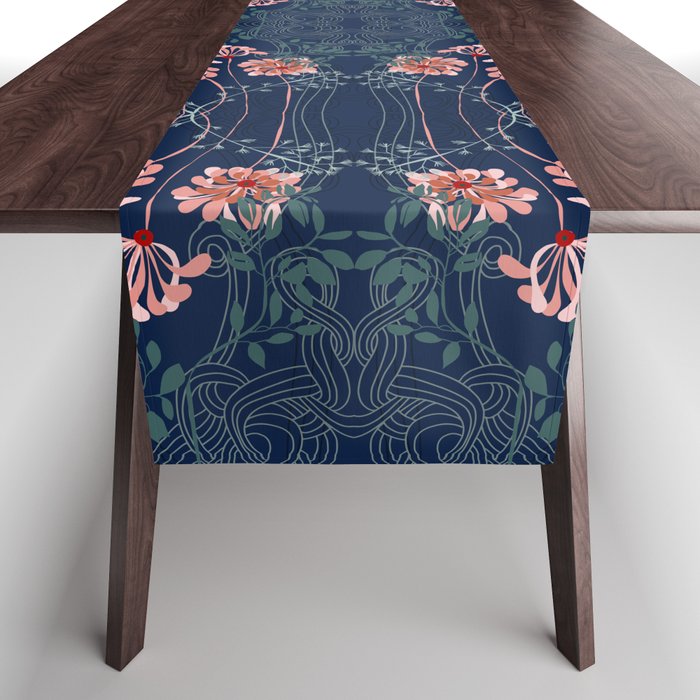 Art Nouveau floral pattern with lines – dark blue Table Runner