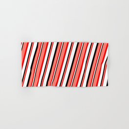 [ Thumbnail: Salmon, Red, White, and Black Colored Striped/Lined Pattern Hand & Bath Towel ]
