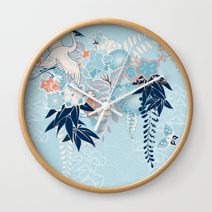 Japanese Kimono Motif With Crane Wall Clock