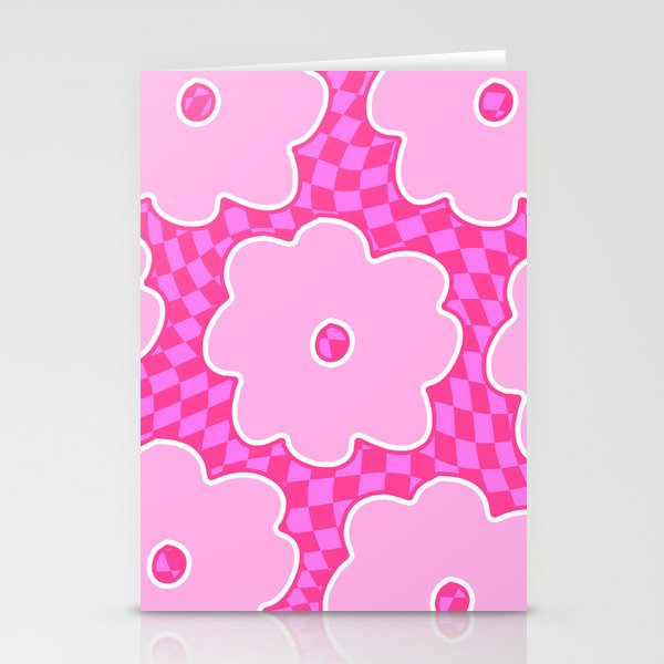 Hot Pink Flowers on Checkered Swirled Squares Stationery Cards