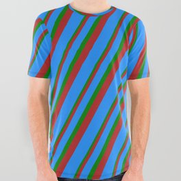 [ Thumbnail: Red, Blue, and Green Colored Stripes Pattern All Over Graphic Tee ]