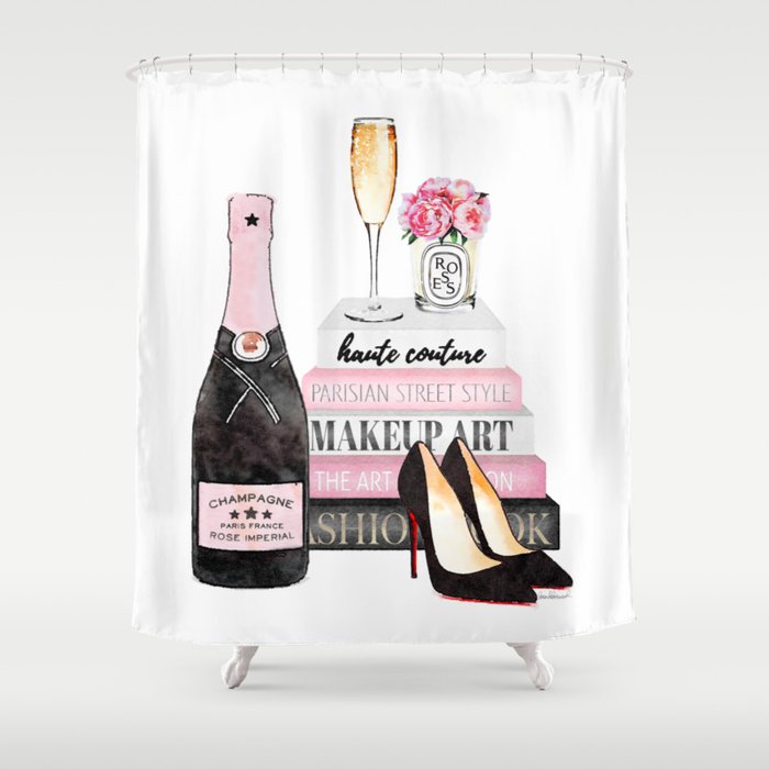 Champagne, pink, books, shoes, peonies, Peony, Fashion illustration, Fashion, Amanda Greenwood Shower Curtain