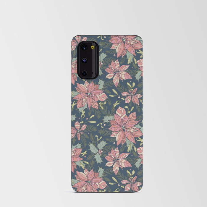 Seamless festive pattern with holly, spruce sprigs and poinsettias Android Card Case