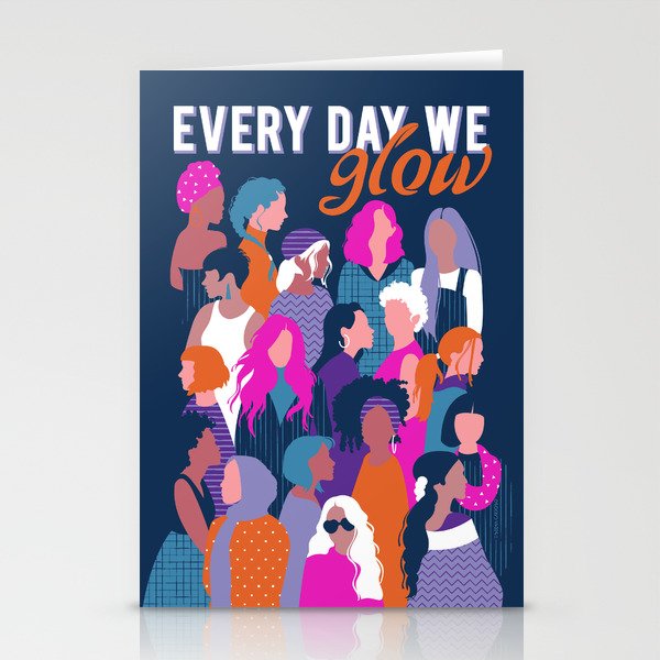 Every day we glow International Women's Day // midnight navy blue background violet purple curious blue shocking pink and orange copper humans  Stationery Cards