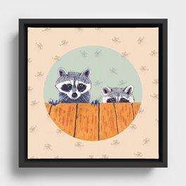 Peeking Raccoons #3 Beige Pallet Framed Canvas