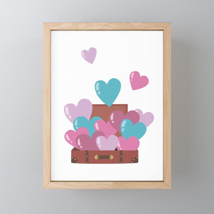 Heart balloons fly out of the suitcase Framed Mini Art Print