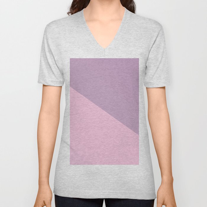 Pretty Pastel Pink and Purple Diagonal Color Block V Neck T Shirt