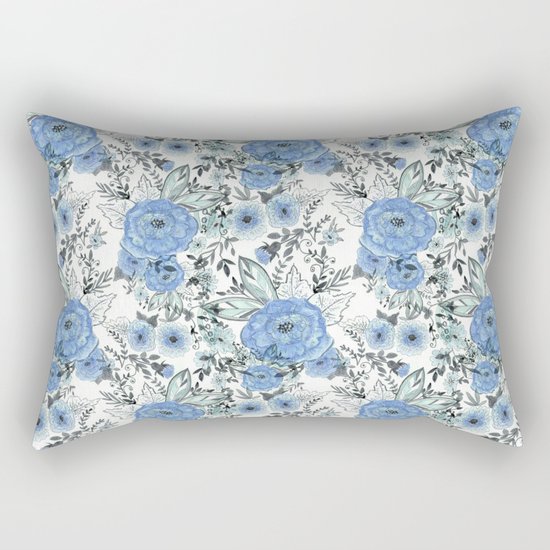 Watercolor . Sky-blue flowers . Rectangular Pillow