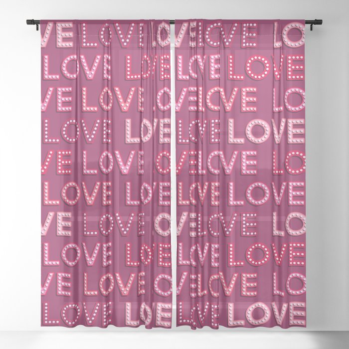 LOVE LOVE LOVE vintage light bulbs lettering burgundy Valentine's Sheer Curtain