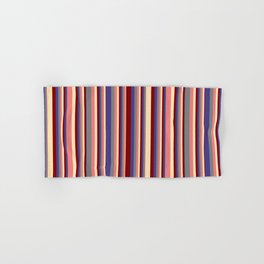 [ Thumbnail: Eyecatching Grey, Dark Slate Blue, Maroon, Beige, and Light Coral Colored Striped Pattern Hand & Bath Towel ]