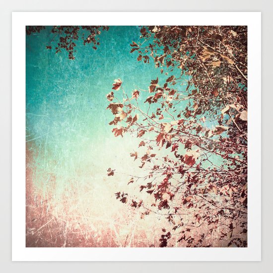 Autumn Leafs on Textured Blue Sky Art Print