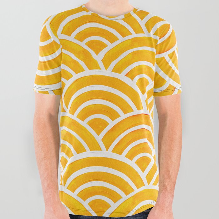 Japanese Seigaiha Wave – Marigold Palette All Over Graphic Tee