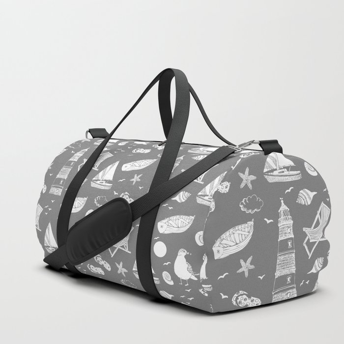 Grey And White Summer Beach Elements Pattern Duffle Bag
