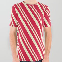 [ Thumbnail: Light Yellow & Crimson Colored Striped Pattern All Over Graphic Tee ]