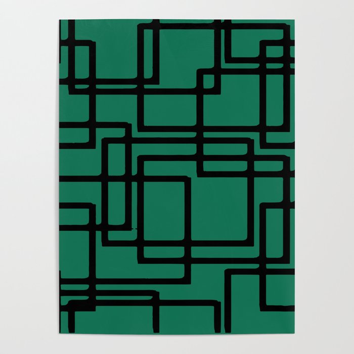 Retro Modern Black Rectangles On Deep Aquamarine Poster