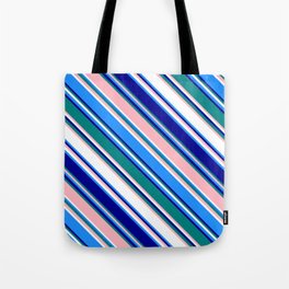 [ Thumbnail: Colorful Blue, Dark Blue, Teal, Light Pink, and White Colored Lines Pattern Tote Bag ]
