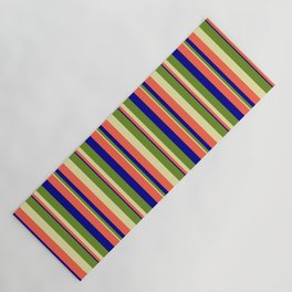 [ Thumbnail: Pale Goldenrod, Green, Dark Blue & Red Colored Stripes/Lines Pattern Yoga Mat ]