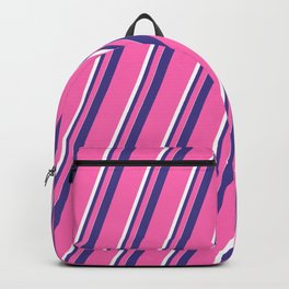 [ Thumbnail: Dark Slate Blue, Hot Pink & White Colored Pattern of Stripes Backpack ]