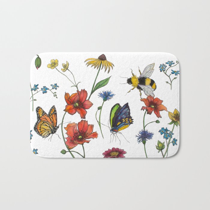 Bee, Flowers & Butterfly Watercolour Bath Mat