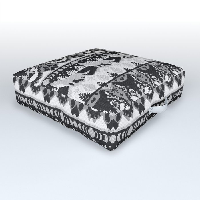 Fair isle knitting grey wolf // black and white wolves moons and pine trees Outdoor Floor Cushion