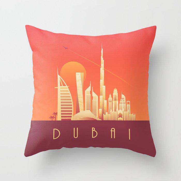 Dubai City Skyline Retro Art Deco Tourism Sunset Throw Pillow by