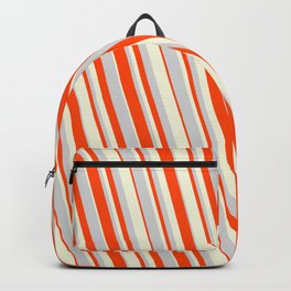 [ Thumbnail: Light Grey, Red, and Beige Colored Striped Pattern Backpack ]