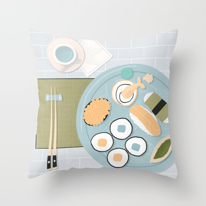 Sushi flatlay - Blue and orange  Throw Pillow