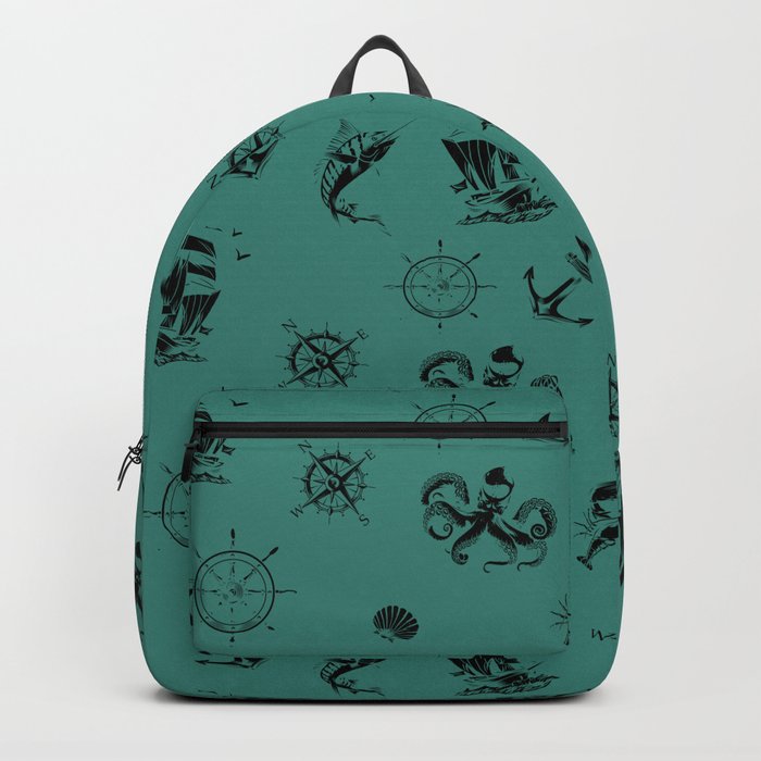 Green Blue And Black Silhouettes Of Vintage Nautical Pattern Backpack