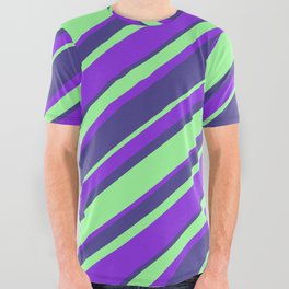 [ Thumbnail: Purple, Dark Slate Blue & Green Colored Striped/Lined Pattern All Over Graphic Tee ]