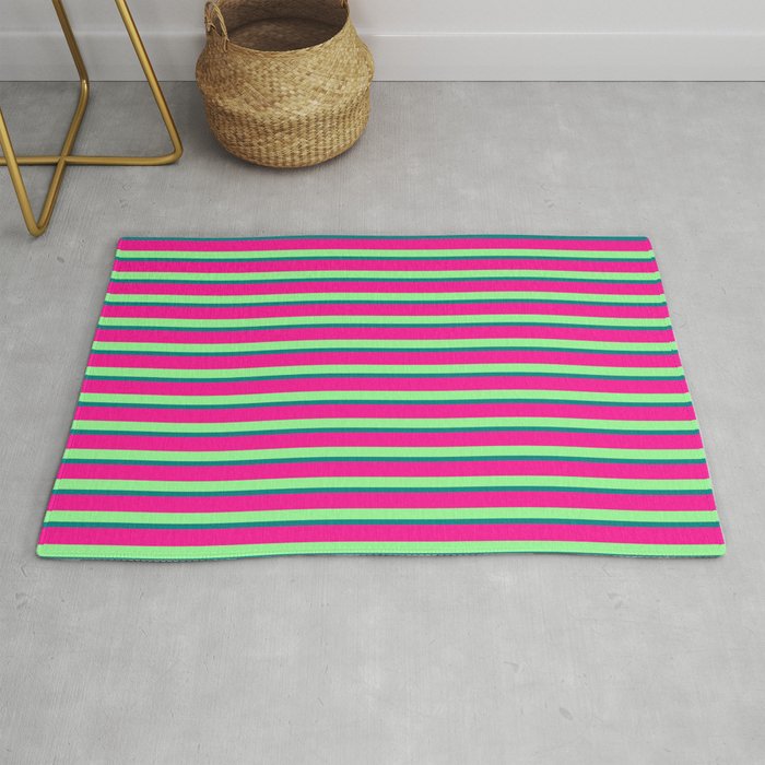 Green, Teal, and Deep Pink Colored Stripes Pattern Rug