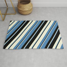 [ Thumbnail: Beige, Blue & Black Colored Pattern of Stripes Rug ]