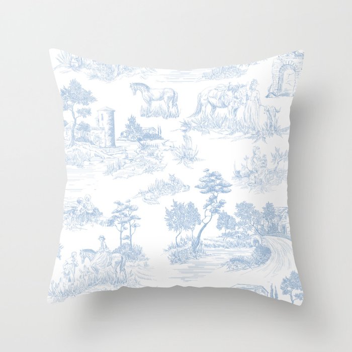 Toile de Jouy Vintage French Soft Baby Blue White Pastoral Pattern Throw Pillow